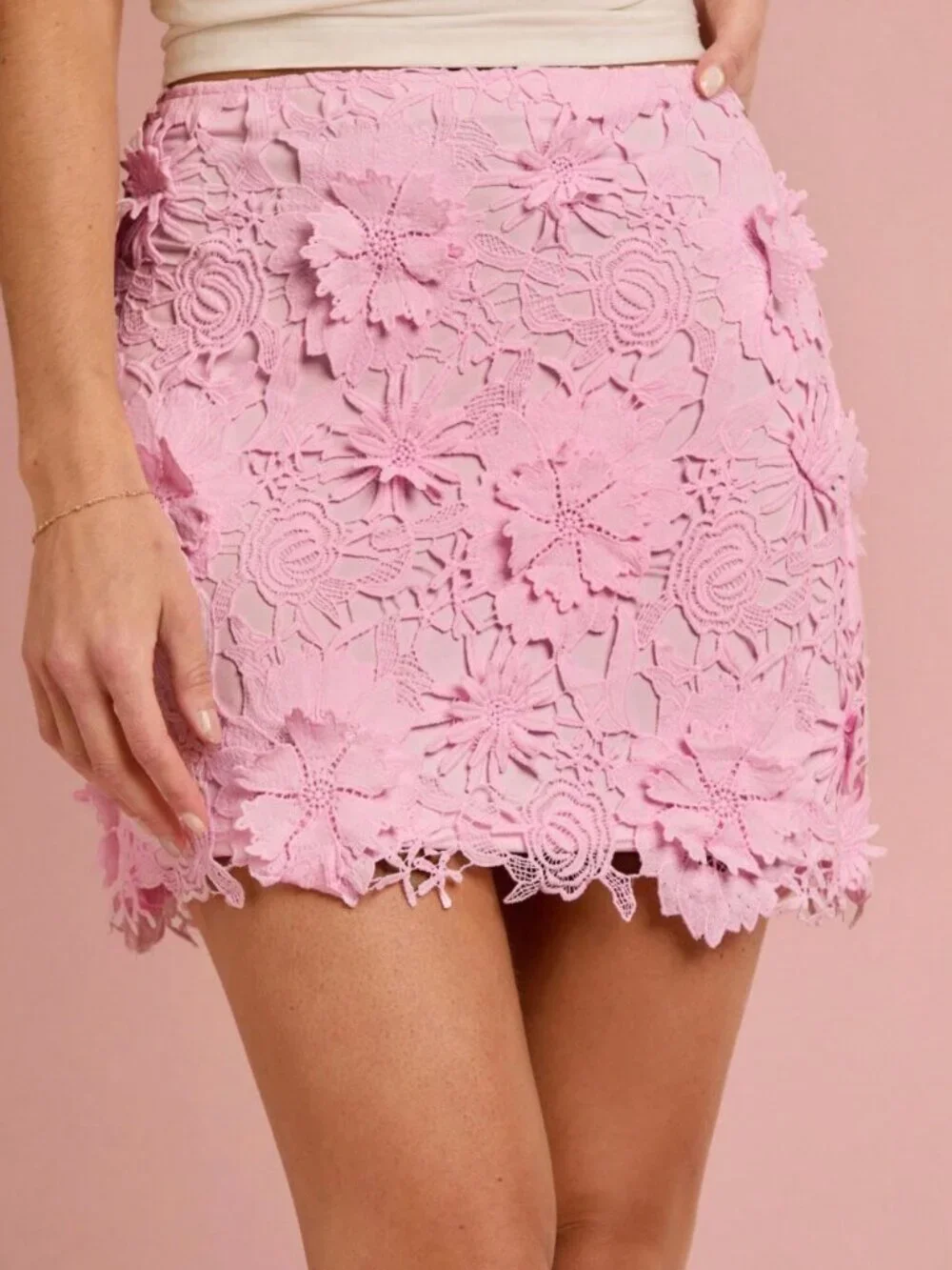 White Elegant Women's 3d Floral Lace Mini Skirt
